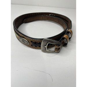 Women's Brown Leather Western Belt Southwestern 28 Silver Concho Snap On Buckle